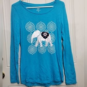 Crown & Ivy Turquoise Blue White Authentic Tee Top Elephant Boho Size Medium EUC